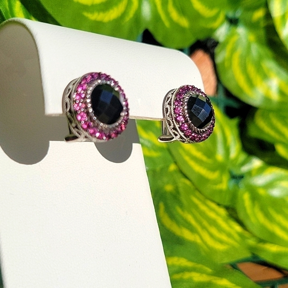 Judith Ripka 925 Sterling Silver Black Onyx & Pink Sapphire Circle Stud Earrings